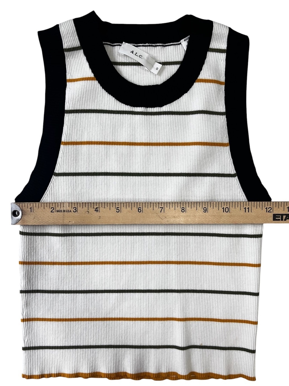 A.L.C. Rita Striped Rib Knit White Olive Mustard Crop Tank Top Size Small - Picture 7 of 8